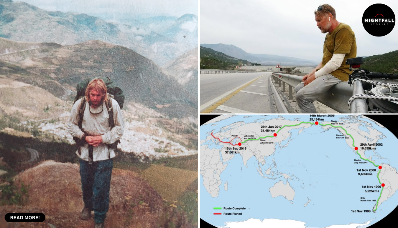 Karl Bushby with the map of his walk.